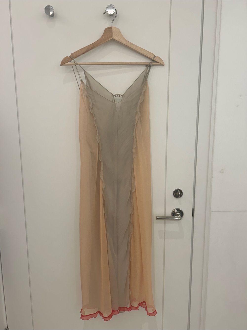 FENDI Slip Midi Dress in Beige and Peach with Red Trim
